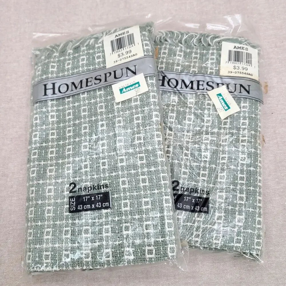 NOS VTG Cotton HOMESPUN Weave Sage Green fringed TABLECLOTH 52x70” + 4 Napkins